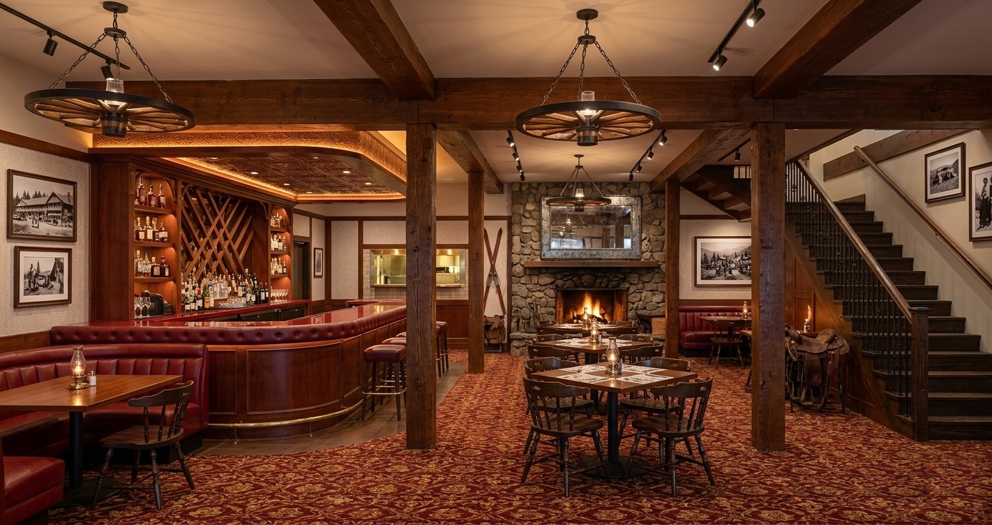 A vision of the restored Fawn Lodge interior, fieldstone fireplace, red leather booths, wagon-wheel chandeliers and the great wood beams returned to glory